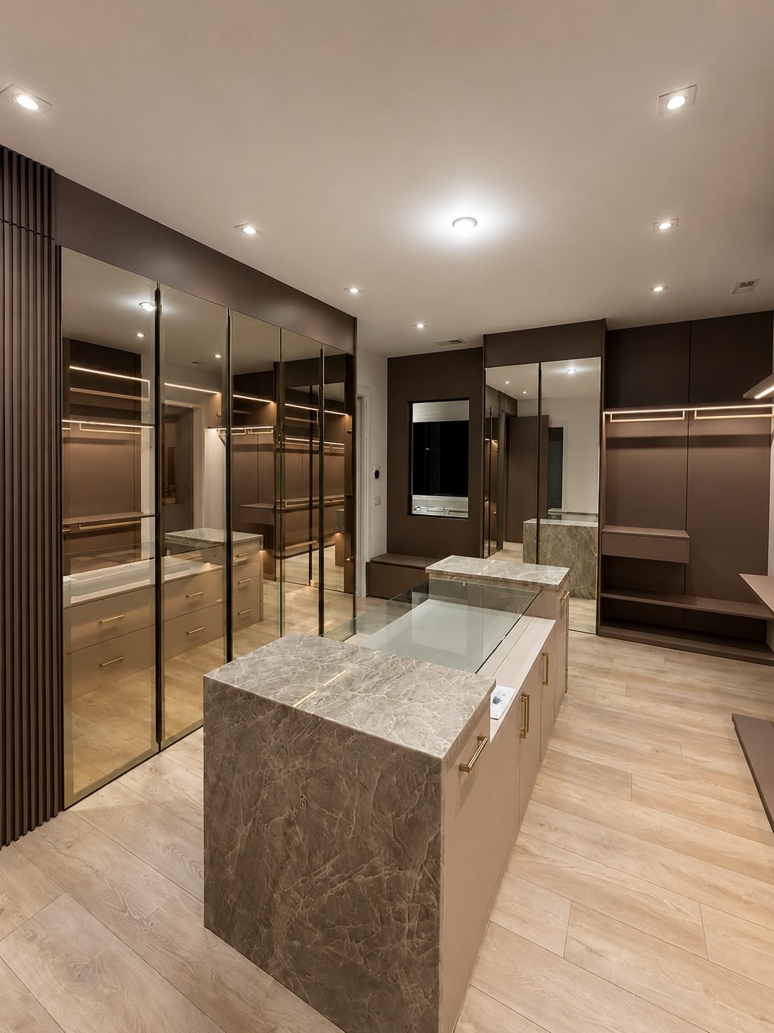Dark brown lacquer dressing room with bronze mirrored doors and a two-tier marble island with glass top