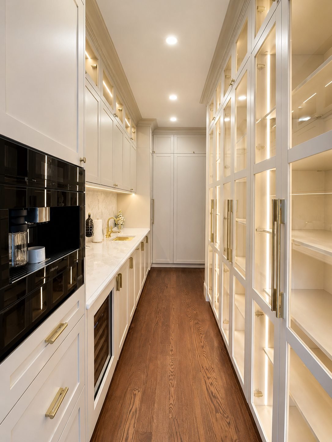 Butler's pantry with white cabinetry, built-in black coffee machine, brass hardware, wine fridge and a full wall of illuminated glass display cabinets