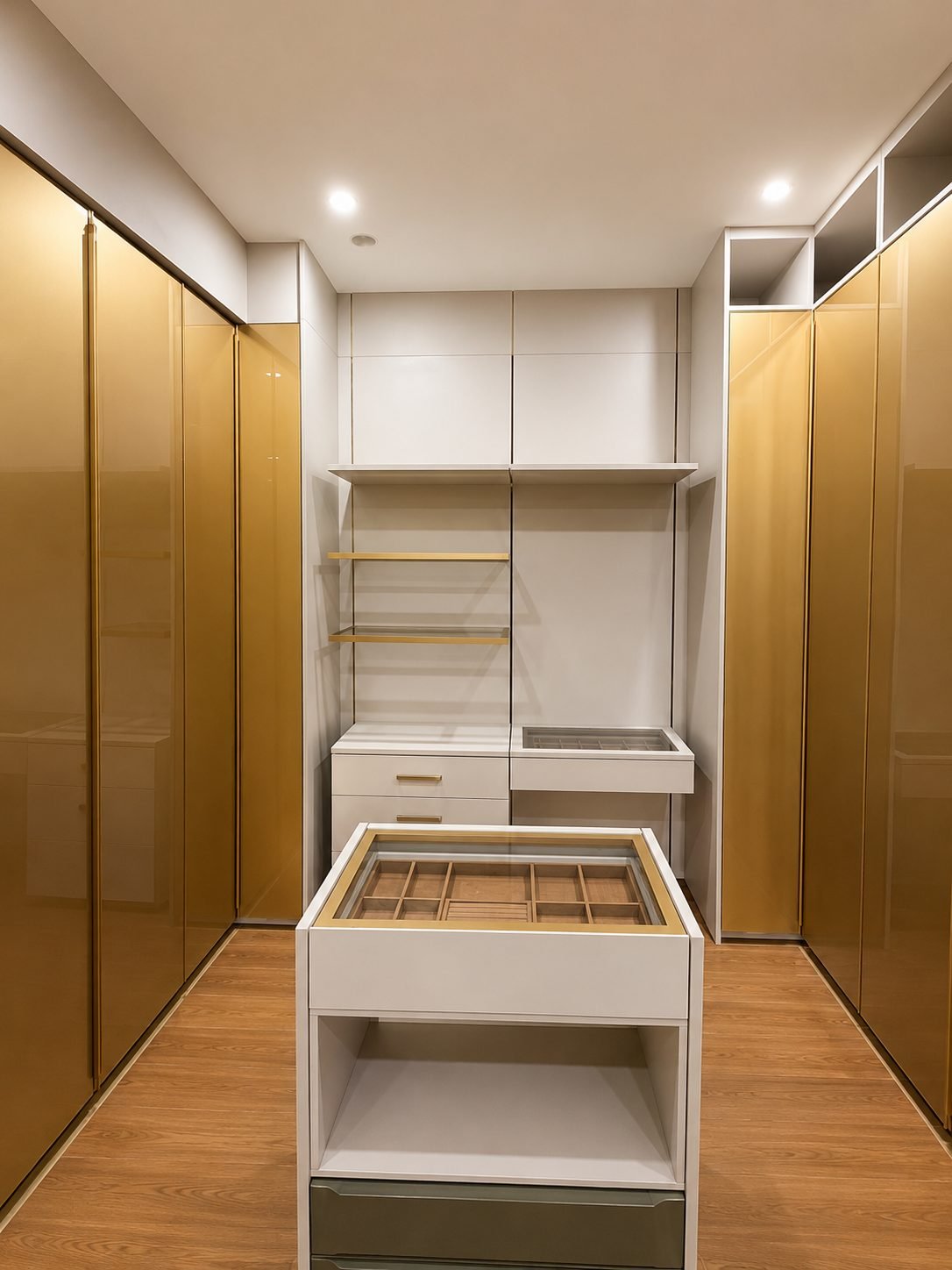 Symmetrical dressing room with glossy gold lacquer wardrobe doors and a white jewelry island with glass top and lined compartments